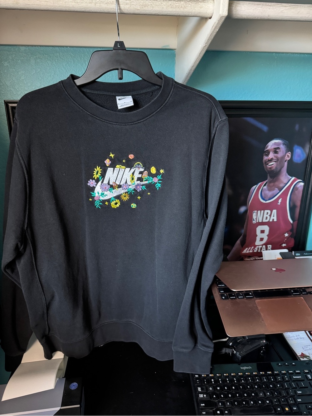 Nike Black Crewneck Sweatshirt with Colorful Embroidered Floral Design